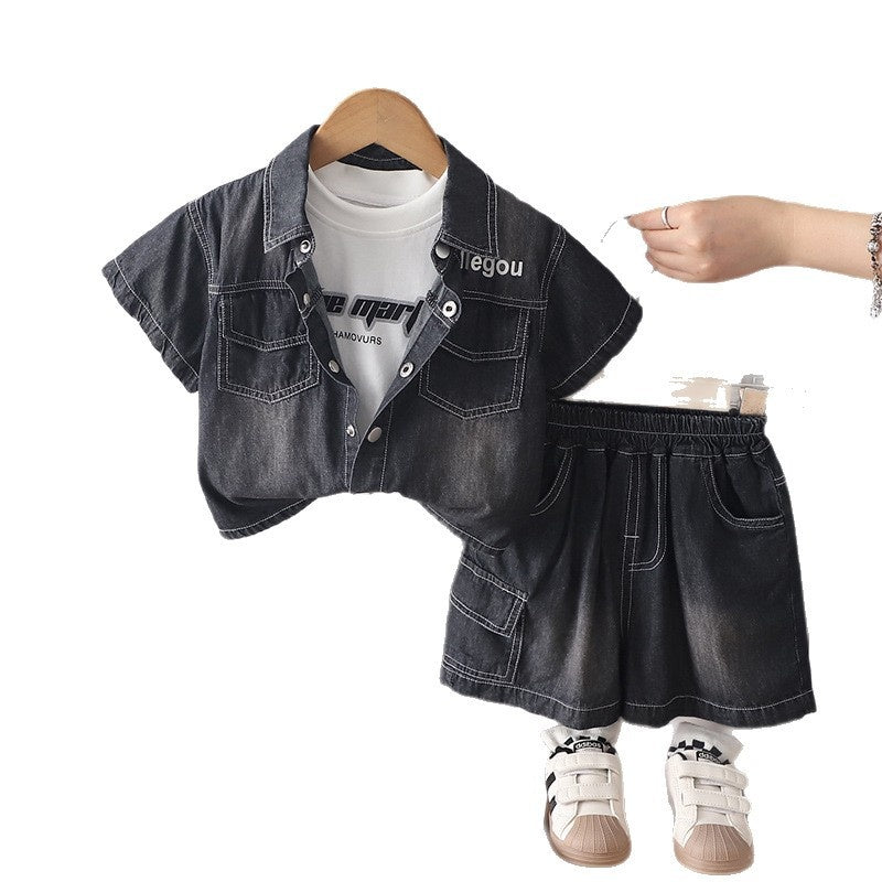 Children's Outfit 2026 Summer New Korean Style Boys' Stylish Short-Sleeve Letter Denim Baby Three-Piece Set