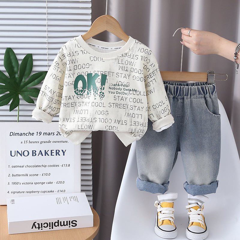 Boys' Outfit 2025 New Stylish Children's Baby Casual Spring and Autumn Letter Round Neck Sports Two-Piece Set