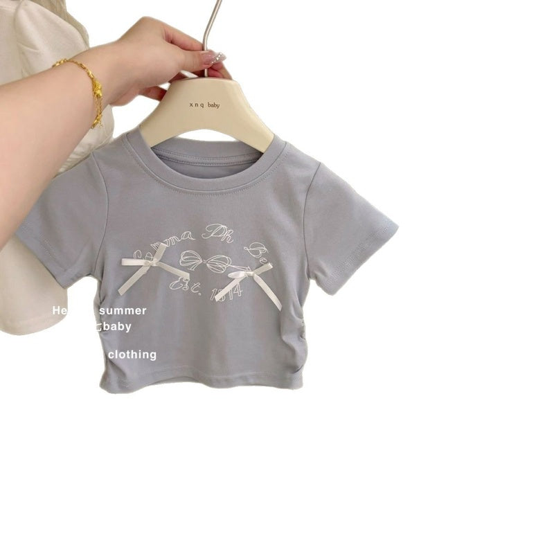 Girls' Korean-style outfit 2025 summer new children's bow short-sleeve T-shirt and skirt two-piece set