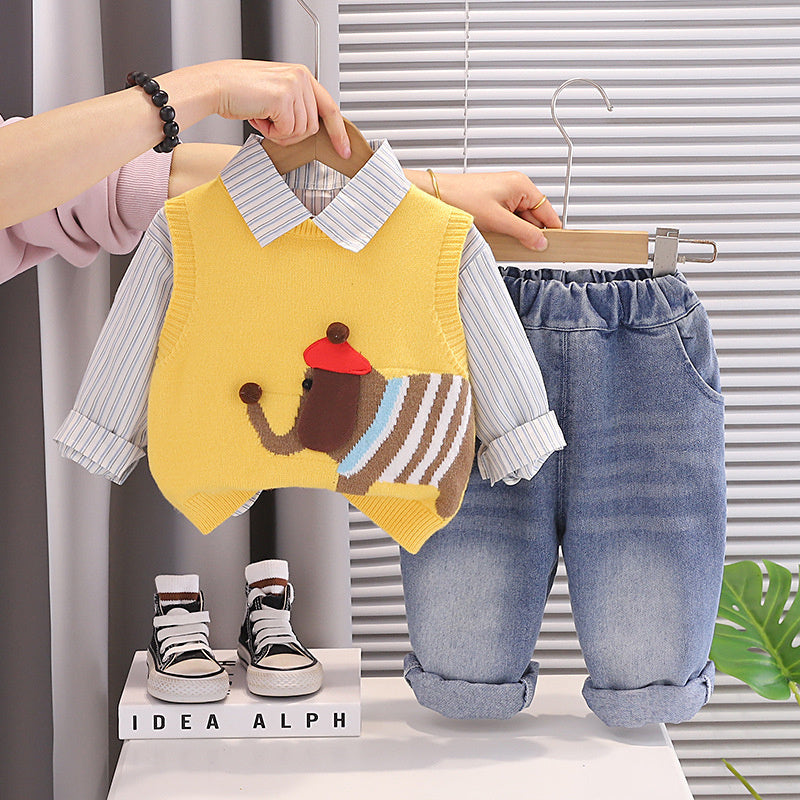 Boys' Autumn Outfit 2026 New Style Baby Boy Spring Clothes Stylish Cartoon Elephant Sweater Three-Piece Set for Infants and Children