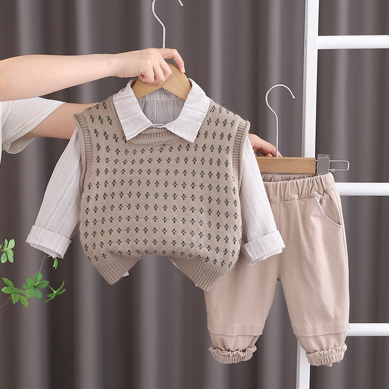1 Year Old Baby Boy Outfit 2025 New Style 3 Boys Sweater Vest Three-Piece Set Spring and Autumn Infant Toddler Fashion