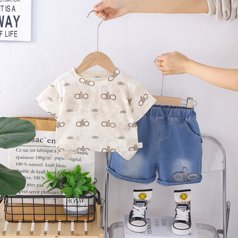 Boys' Summer Outfit 2026 New Stylish and Cool Baby Children's Round Neck Short Sleeve Two-Piece Set Thin Trendy Clothes