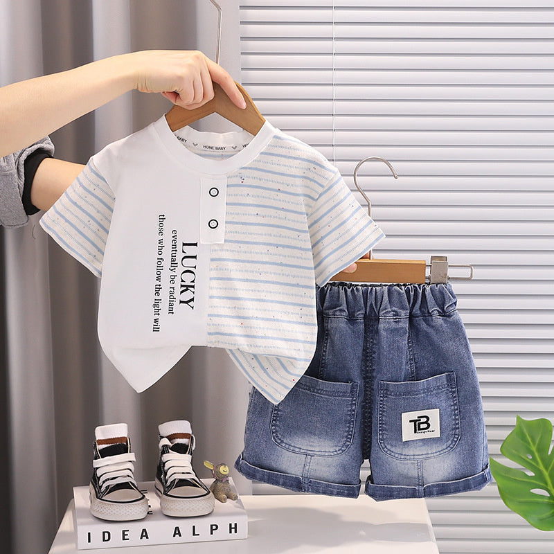 Boys' Outfit 2026 New Fashionable Two-Piece Set Baby Summer Half-Striped Short Sleeve Shorts for Infants and Toddlers