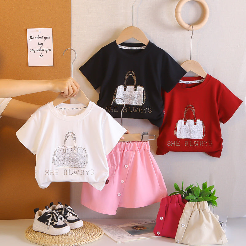 Girls' outfit 2026 new style children's clothing with rhinestone bag, short-sleeved summer fashion, stylish and trendy for baby girls