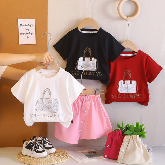Girls' outfit 2026 new style children's clothing with rhinestone bag, short-sleeved summer fashion, stylish and trendy for baby girls