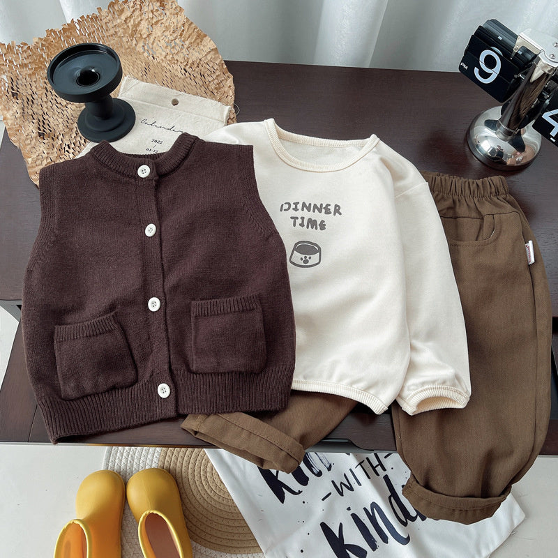 Spring Autumn Suit 2024 Children's Fashionable New Style Little Boys Cool and Handsome Clothes Baby Vest Cardigan Three-piece Set