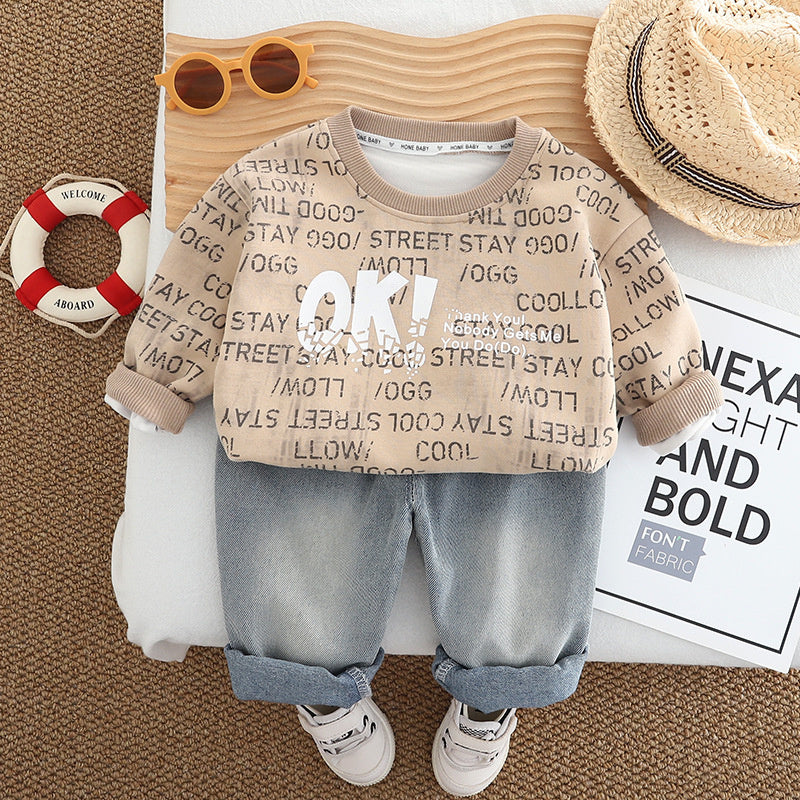 Boys' Outfit 2025 New Stylish Children's Baby Casual Spring and Autumn Letter Round Neck Sports Two-Piece Set