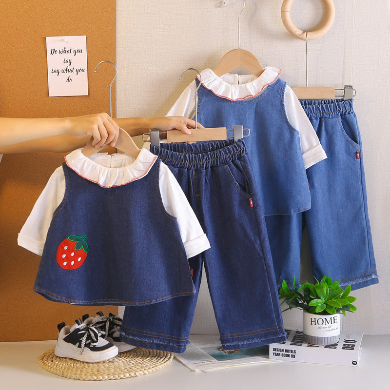Girls' Spring Outfit 2026 New Fashionable Baby Girl Casual Clothes Children's Strawberry Embroidered Denim Three-Piece Set