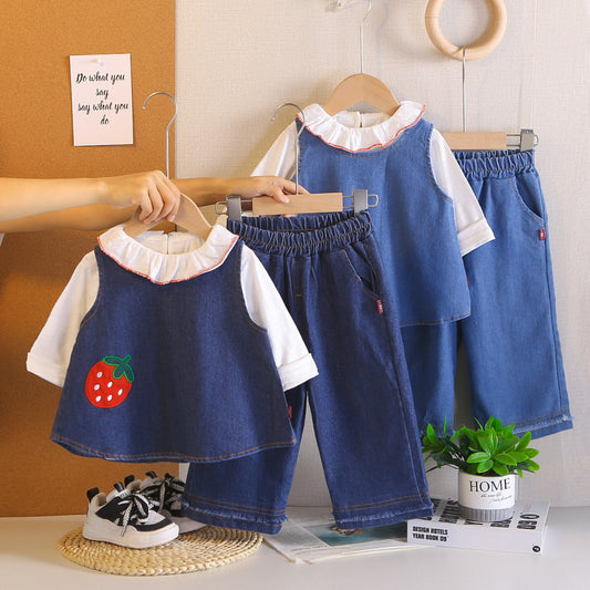 Girls' Spring Outfit 2026 New Fashionable Baby Girl Casual Clothes Children's Strawberry Embroidered Denim Three-Piece Set