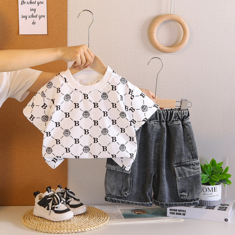 Boys' Outfit 2026 New Stylish Round Neck Lion Children's Short Sleeve Two-Piece Set Baby Summer Clothes