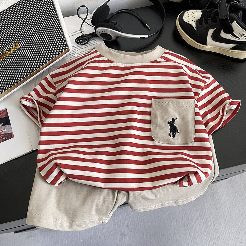 Boys' Outfit 2026 New Striped Embroidered Pocket Short Sleeve Two-Piece Set Children's Summer Clothes Trendy Kids' Wear