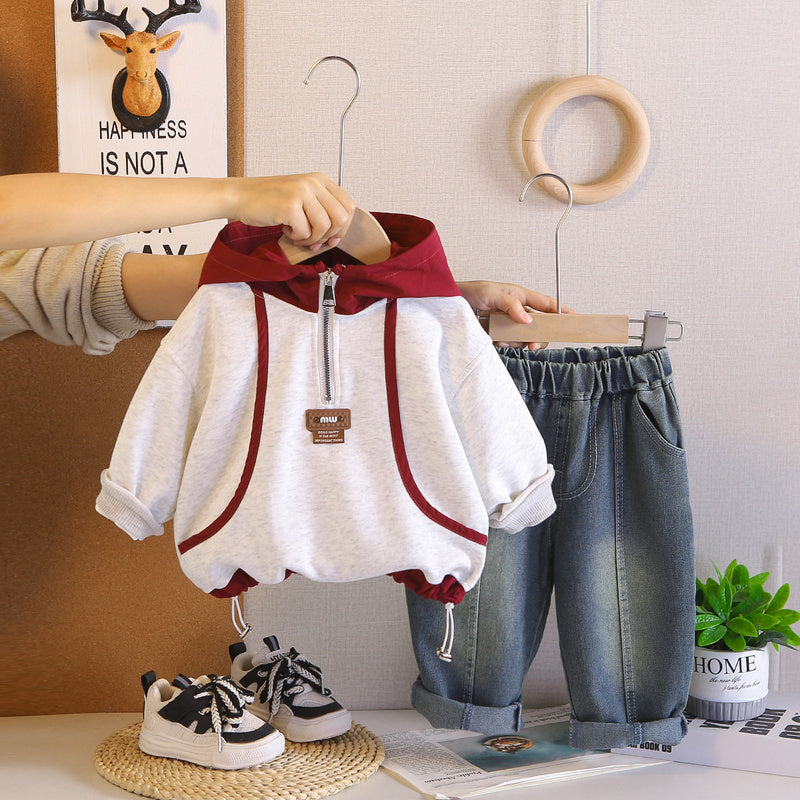 Boys' Outfit 2026 New Children's and Autumn Color-Block Sweatshirt Two-Piece Set Stylish Baby Spring Clothes