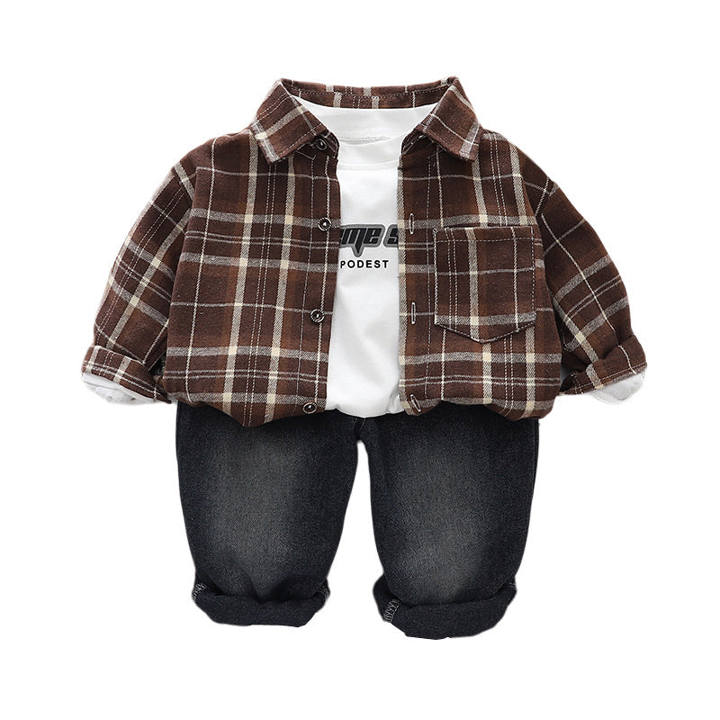 Boys' Spring Outfit 2025 New Stylish Plaid Shirt Little Boy Handsome Fashion Casual Long Pants Three-Piece Set