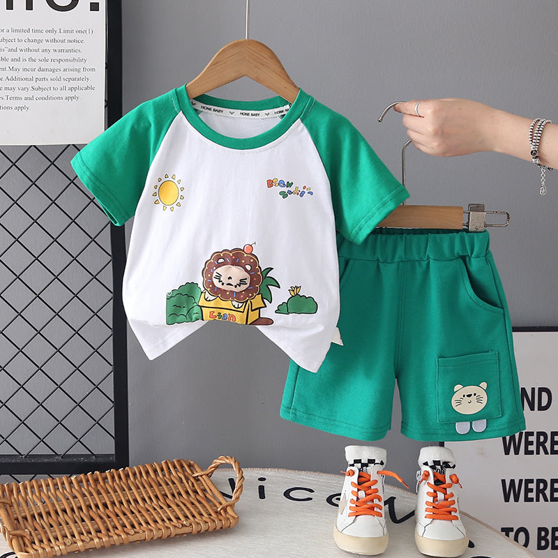 Boys' Round Neck Short Sleeve 2026 New Children's Summer Outfit Baby Cartoon Sun Color Block Two-Piece Trendy Set