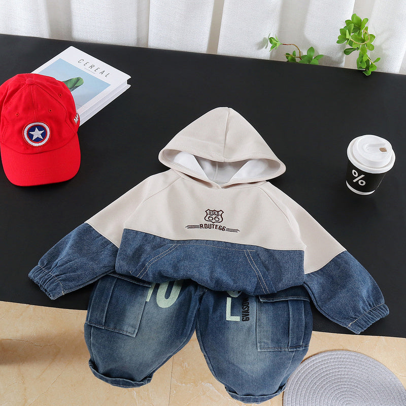 Boys' Outfit 2026 New Spring Autumn Clothes for Infants and Children Denim Patchwork Hoodie Casual Two-Piece Trendy Set