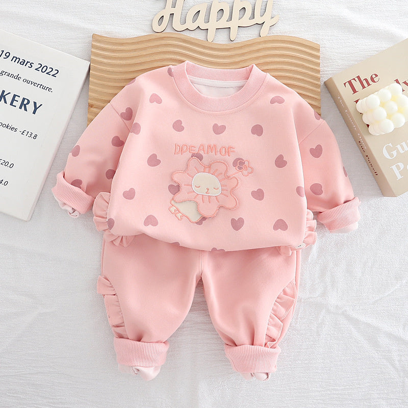 Girls' Outfit 2025 New Stylish Full Print Heart Round Neck Two-Piece Set Baby Spring Autumn Sweatshirt Children's Trendy