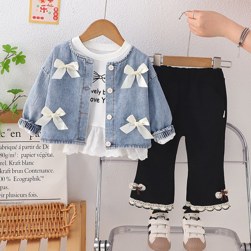 Outfit 2025 New Baby Four Bowknot Denim Three-Piece Set Spring and Autumn Infant Girls' Clothing