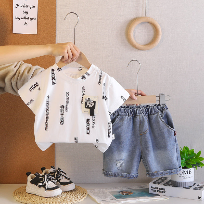 Summer new casual short-sleeve two-piece set for children, with letter-printed round-neck top and loose-fitting jeans