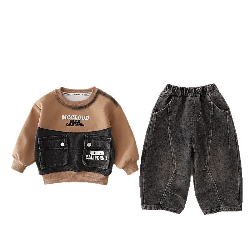 Outfit 2026 New Children's Denim Patchwork Sweatshirt Boys' Spring and Autumn Sports Casual Two-Piece Set