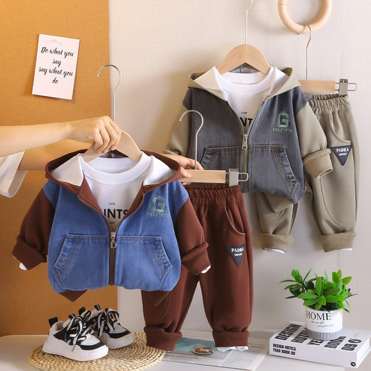Boys' 2025 New Korean Style Toddler Baby Spring and Autumn Patchwork Denim Hooded Sports Three-Piece Set