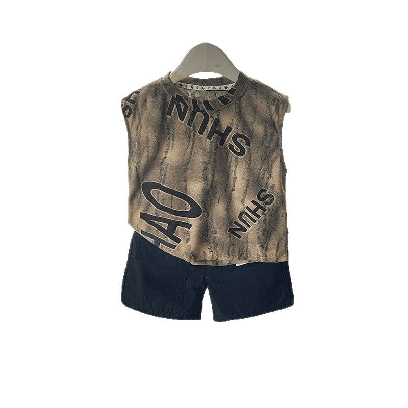 Boys' Outfit Children's New Style Baby Boy Summer Letter Print Sleeveless Two-Piece Set Trendy for 1-4 Years Old