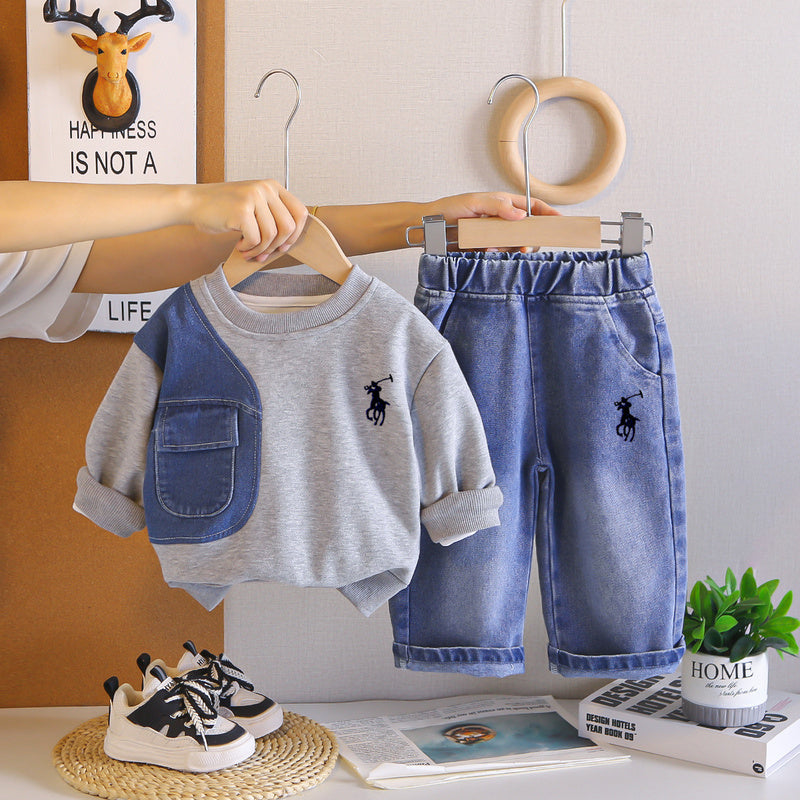 Boys' Suit 2026 New Children's Clothing Stylish Fashionable Embroidered Patchwork Baby Spring and Autumn Two-Piece Outfit