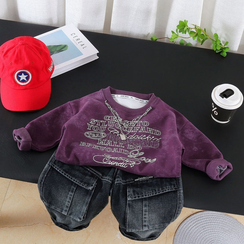 Boys' Spring Autumn Outfit 2026 New Fashionable Children's with English Print Sweatshirt and Korean Style Long Pants Two-Piece Set