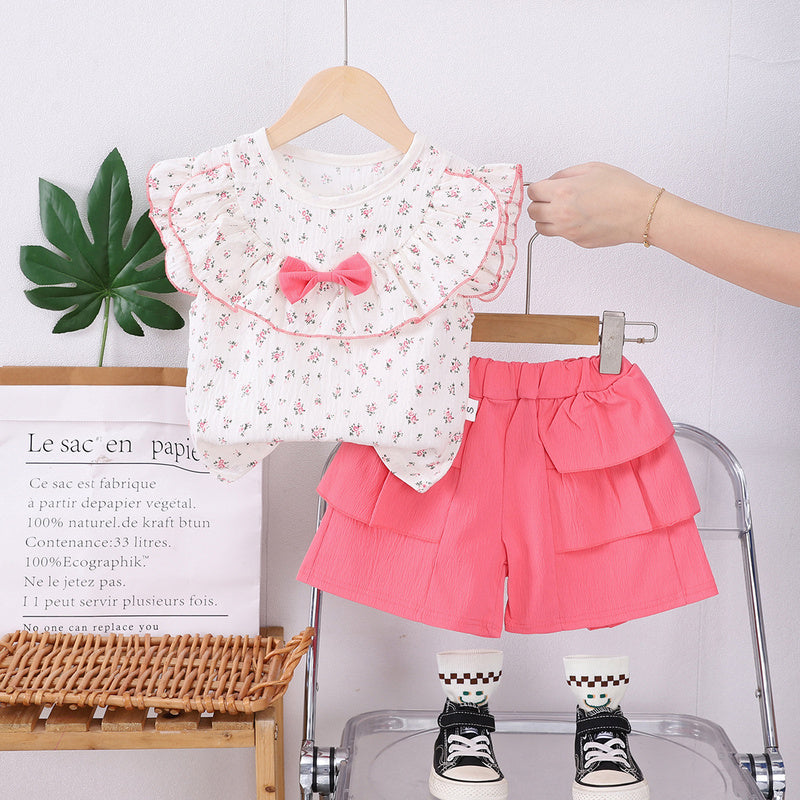 Cross-border children's clothing new style for girls, baby summer outfit with full floral print, bow tie, large collar, short-sleeved two-piece set, trendy