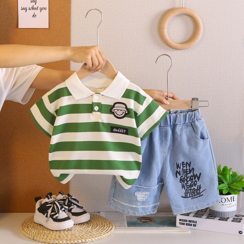 Boys' Short-Sleeve Set 2026 New Striped Hat Smiley Baby Summer Infant and Toddler Two-Piece Outfit