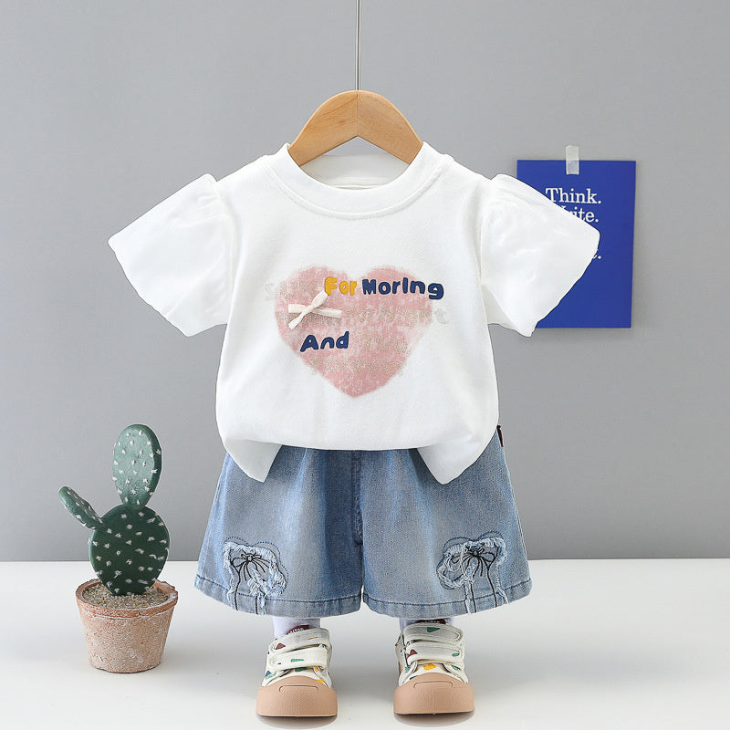 Girls' Heart-Shaped Short Sleeve Set 2026 New Fashionable Baby Girl Clothes Casual Children's Summer Outfit