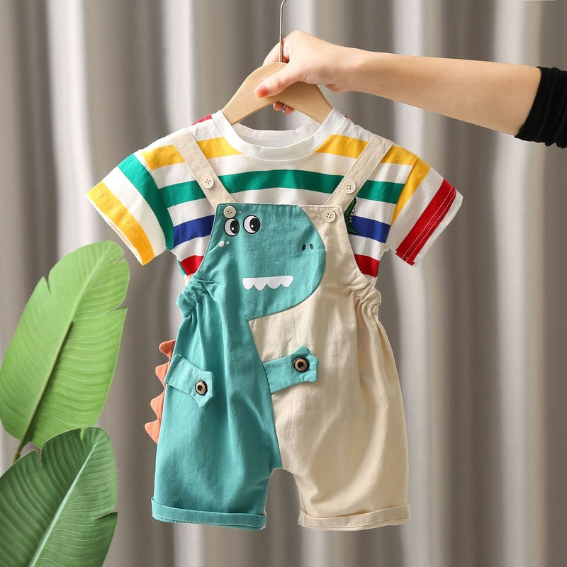 Children's Clothing Short Sleeve Set 205 New Summer Boys and Girls Kids Infant Cartoon Color Striped Dinosaur Suspender Shorts