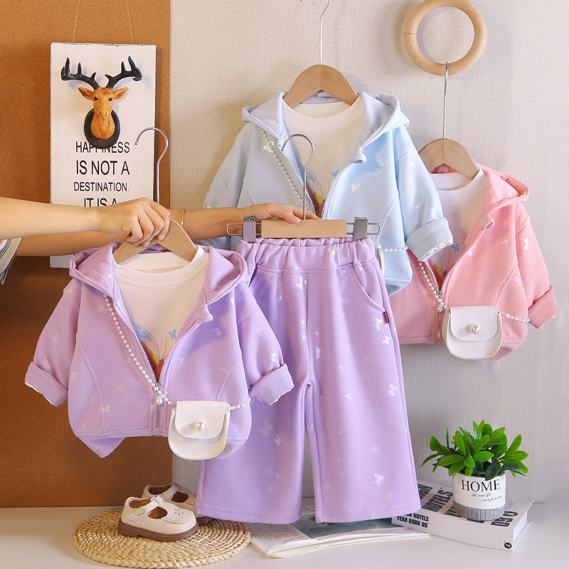 Girls' Spring and Autumn Outfit 2026 New Fashionable Baby Butterfly Crossbody Bag Three-Piece Set Infant Casual Trendy Wholesale
