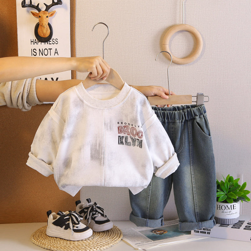 Boys' Spring and Autumn Sports Tie-Dye English Sweatshirt Two-Piece Set Children's Casual Long-Sleeve Clothes Baby Stylish Outfit