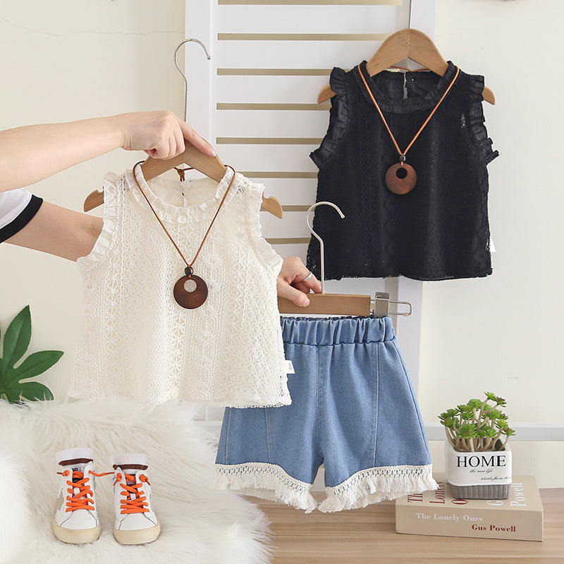 Girls' Summer Jacquard Vest 2026 New Fashionable Children's Baby Girl Lace Shorts Two-Piece Set Trendy