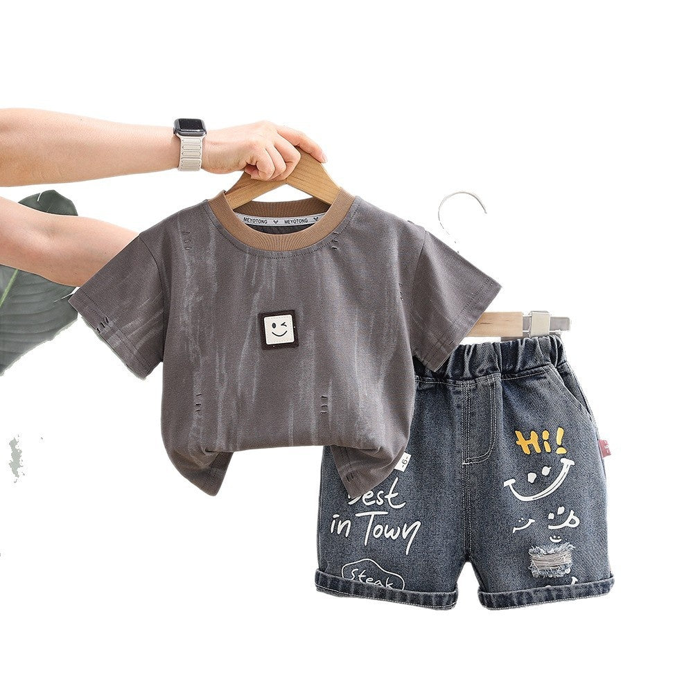 Baby Outfit Set 2026 New Style Boys' Ripped Smiley Face Short Sleeve Shorts Infant Children's Clothing Toddler Summer Fashion