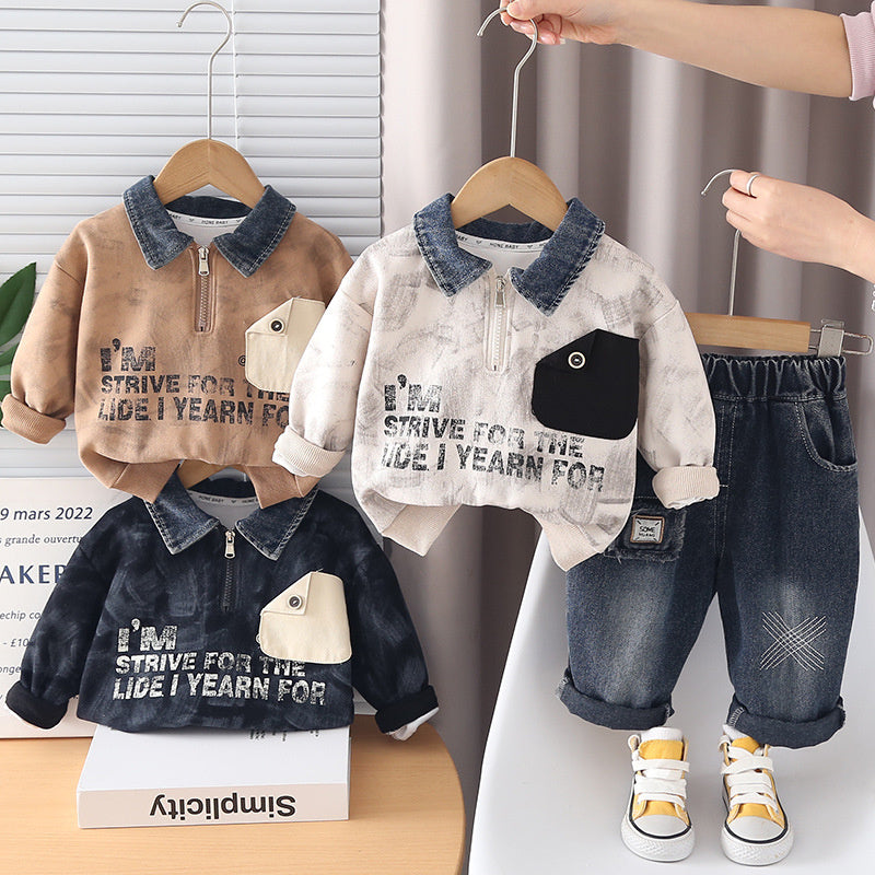 Boys' Fashionable Color-Block Pocket Sweatshirt Set, Baby Spring 2026 New Trendy Toddler Sports Casual Wear