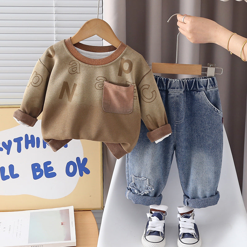 Boys' Outfit Spring and Autumn 2026 New Fashionable Children's Casual Letter Sweatshirt Two-Piece Set Trendy