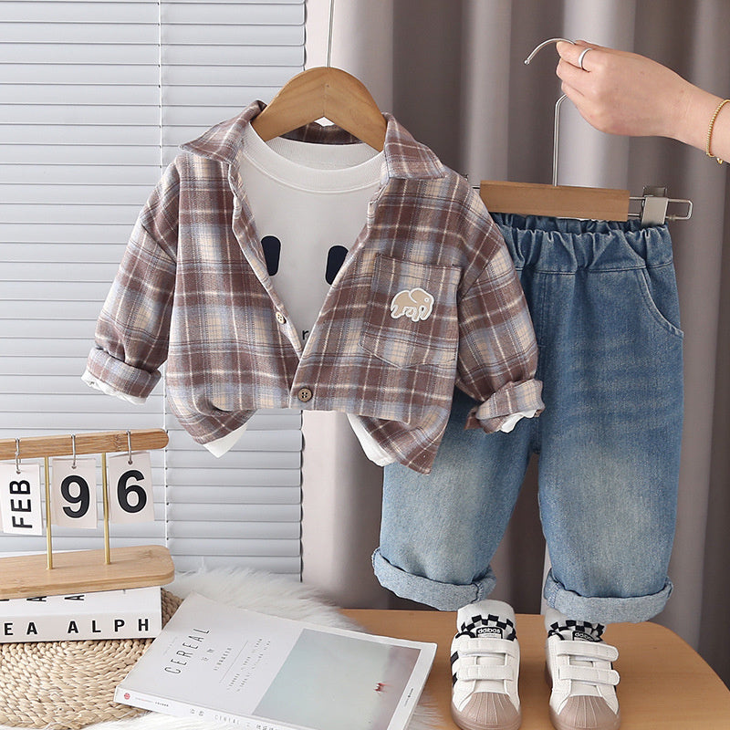 Boys' Outfit 2026 New Children's Casual Plaid Shirt Three-Piece Set for Boys, Trendy Cool Spring and Autumn Wear
