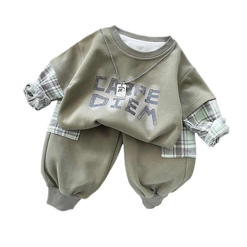 Boys' outfit stylish and fashionable letter necklace two-piece set baby spring trendy sweatshirt toddler clothing children's wear