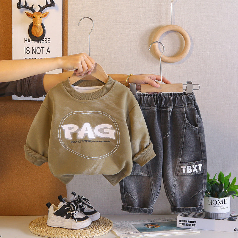 Boys' Outfit, Stylish New 2026 Baby Sweatshirt Two-Piece Set, Cool Long-Sleeve Spring and Autumn Clothing, Trendy Wholesale