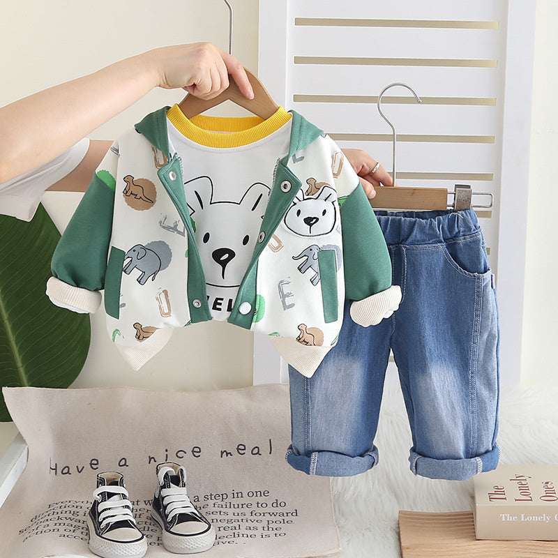 Boys' Stylish Spring and Set 2025 New Autumn Baby Full Print Animal Color Block Three-Piece Fashionable Toddler