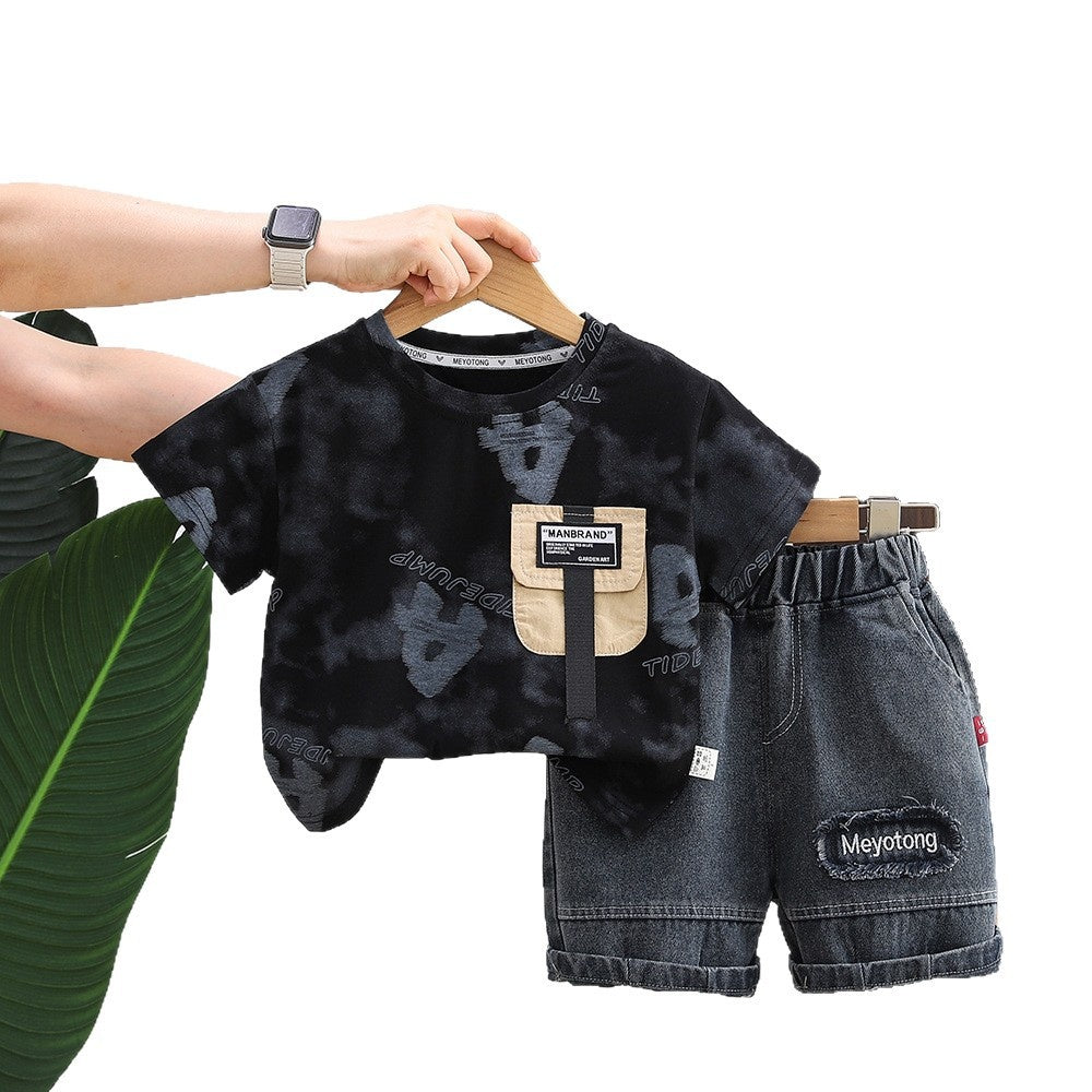 Boys' Outfit 2026 New Style Infant Children's Full-Print Letter Round-Neck Short-Sleeve Two-Piece Set Stylish Baby Summer Wear