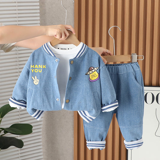 Boys' Spring and Denim Cartoon Three-Piece Set Baby Autumn Fashionable Stylish Toddler Clothes Infant Trendy Style