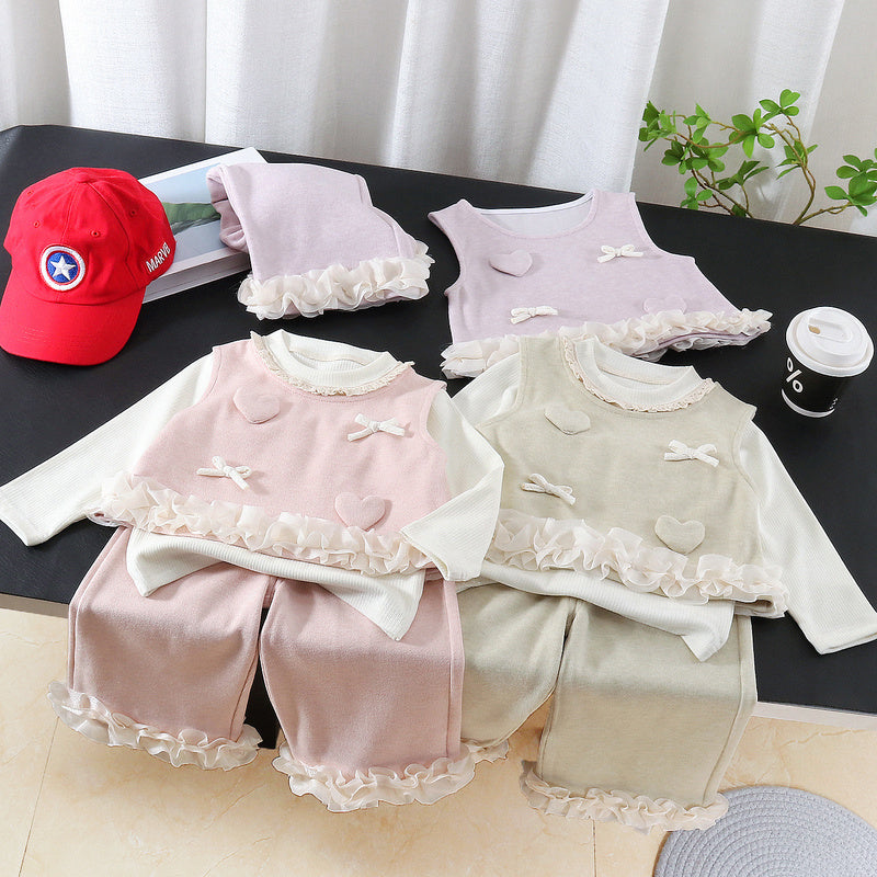 Children's clothing for girls, stylish outfit fashionable girl spring and autumn lace heart-shaped vest three-piece set, trendy baby clothes