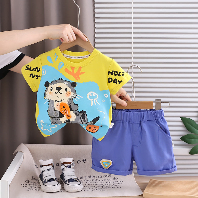 Kids Super Cute Boys' Short Sleeve Shorts Sports Set 2025 Summer New Thin Clothing for Newborn Baby Boys
