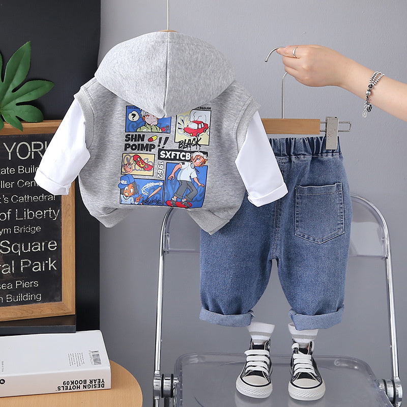 Boys' Outfit 2025 New Children's Hooded Vest Three-Piece Set for 1 to 4 Year Old Baby Boys Spring and Autumn