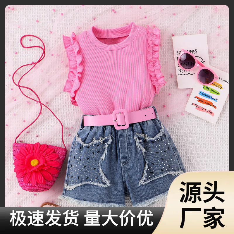 Amazon cross-border ribbed sleeveless ruffled tank top + washed fringed denim shorts girls' set 24 summer style
