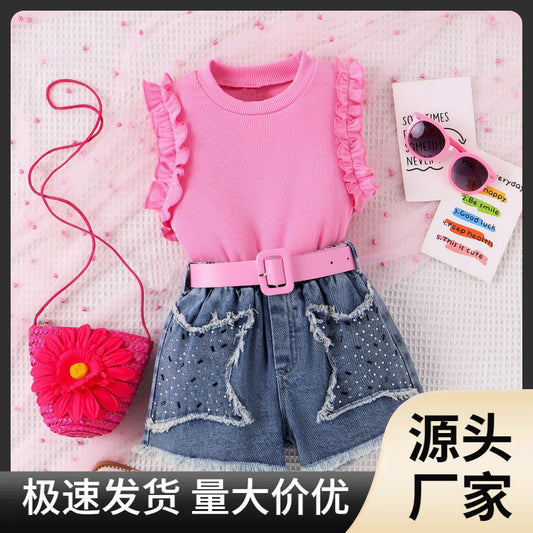Amazon cross-border ribbed sleeveless ruffled tank top + washed fringed denim shorts girls' set 24 summer style