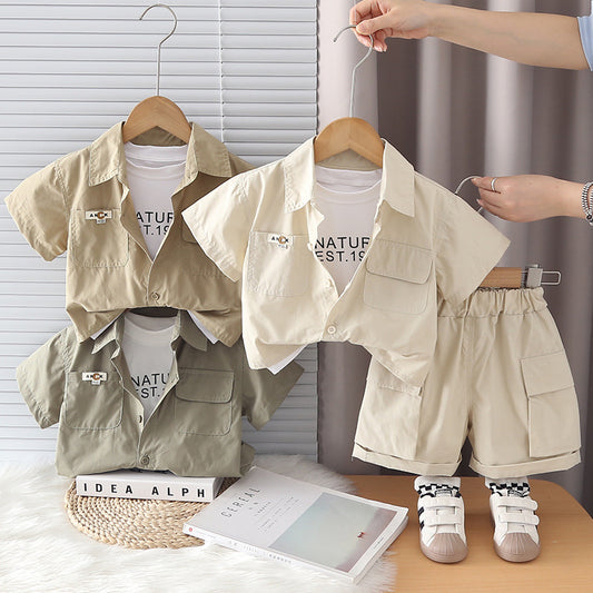 2026 Summer New Boys' Workwear Double-Pocket Short-Sleeve Baby Fashion Korean Style Children's Clothing Three-Piece Set