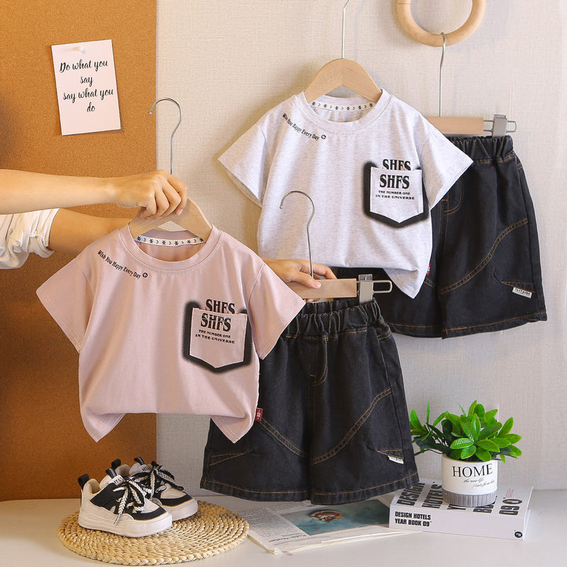 Children's clothing for boys, outfit, baby pocket letter print short-sleeve set, 2026 summer style, stylish boys' children's clothes